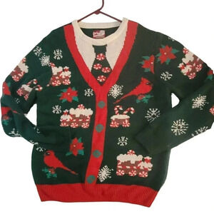 Party Ugly Sweater L Holiday Sweatshirt Red Green Cardinal Birds Unisex